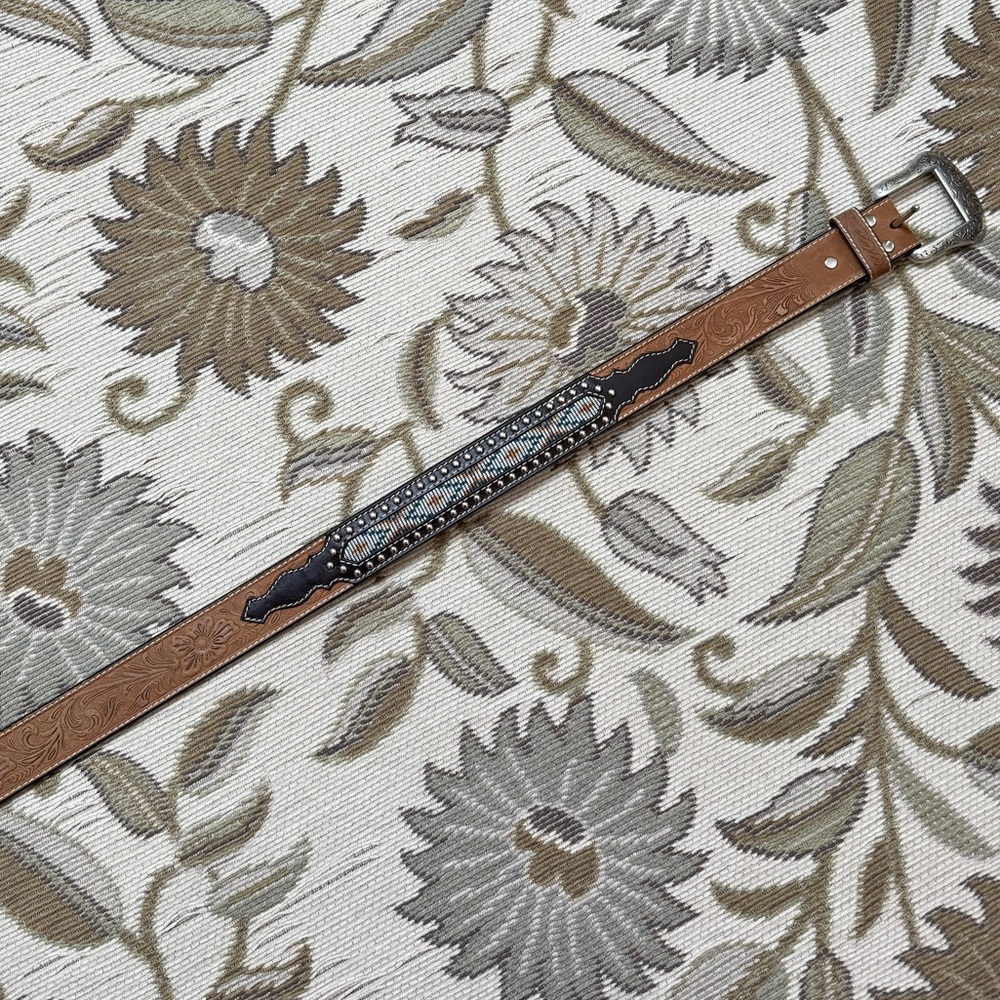 Nocona Leather Belt Brown Distressed Tooled Western Tapestry Studded 46 - Picture 2 of 8